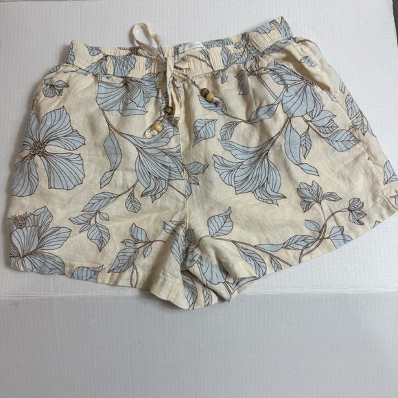 Cynthia Rowley Cream and Blue High Waist  shorts, 100% Linen Size L - Picture 1 of 6
